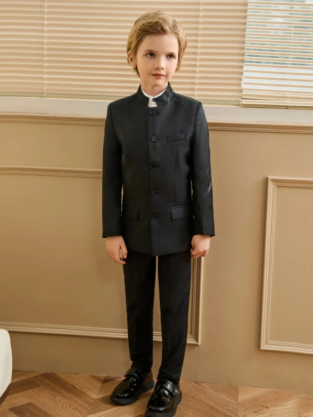 Formal Black Kids Stand-up Collar Suit Set 3 Pieces Jacket Shirt Pants School Choir Performance Stylish Boys Tuxedo Banquet Wear