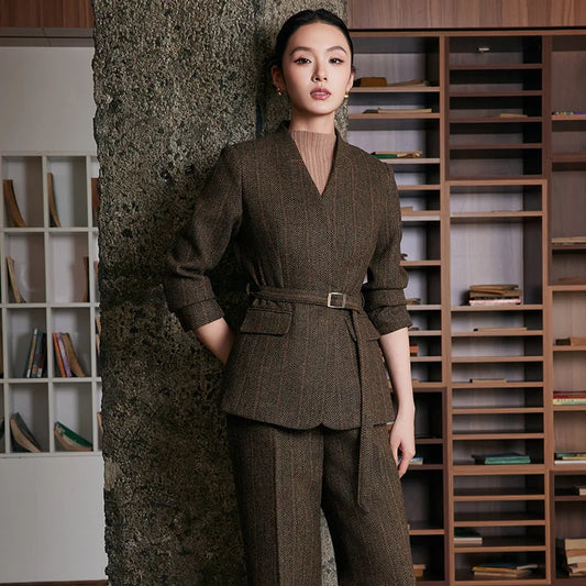Small Fragrant Style Wool Woolen Blazer Suits Women Autumn Winter New Striped Thicken Coat And Pants Lady Office Blazers Sets