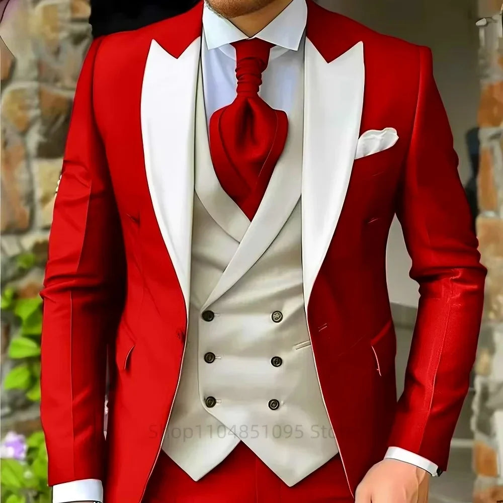 Costumes roses pour hommes Élégant smoking de marié à revers pointu Veste 3 pièces Gilet et pantalon Ensemble de costume formel pour hommes pour affaires et bal de promo