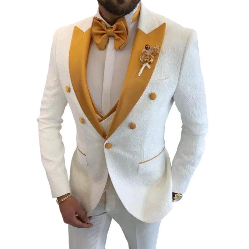 Men's Floral Wedding Tuxedo 3-Piece Set Double Breasted Jacket with Vest Peak Lapel Groom's Fashion Suit Male Wedding Attire