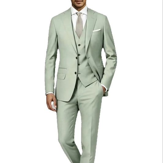 Fashion Green Men Suits 3 Piece Slim Fit Groomsmen Groom Wedding Tuxedo Single Breasted Notch Lapel Blazer with Vest Pants Set