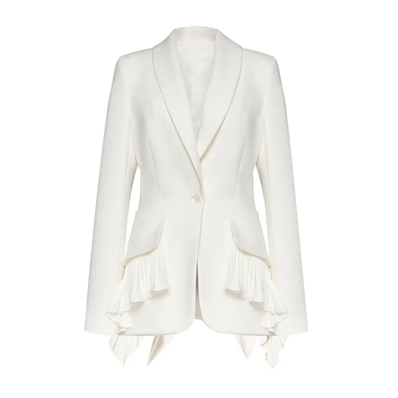 Women Blazer Elegant Turn-down Collar Single Button Patchwork Pleated Hem Slim Fit High-end Chic Coat Spring Autumn HK22596