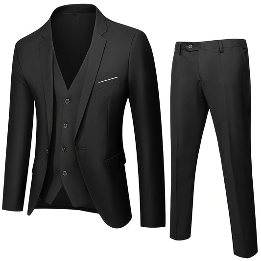 Elegant Men's Suit Sets- Slim Fit Solid Jacket vest Pants Sets for Weddings & Formal Occasions
