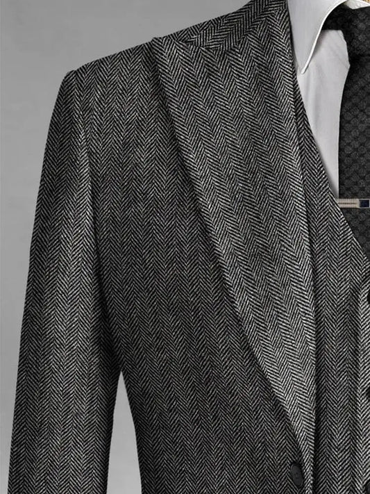 Men's Grey Herringbone Suits Formal 3 Pieces Slim Fit Peak Lapel Tweed Prom Tuxedos For Wedding Groomsmen (Blazer+Vest+Pants)