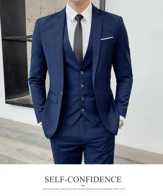 Men's Solid Color 3-Piece Suit – Slim Fit Blazer, Waistcoat & Trousers for Business, Dinner & Formal Occasions