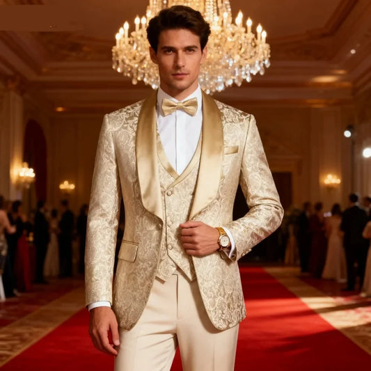 Champagne Jacquard 3 Piece Men Formal Suit, Fitted Peak Lapel Smoking Tuxedo Set, Luxury Elegant Wedding Party Outfit for Groom