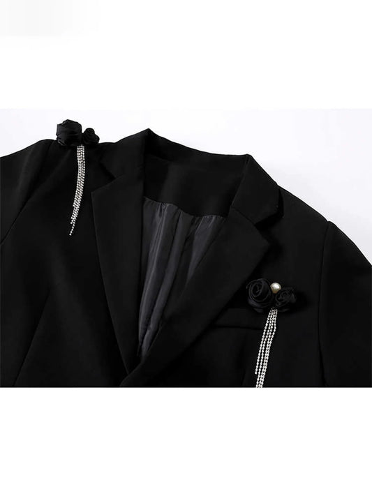 Women Black Gothic 3D Floral Blazer Coat Vintage Streetwear Harajuku Emo 2000s Long Sleeve Suit Jacket Outerwear Clothes Autumn