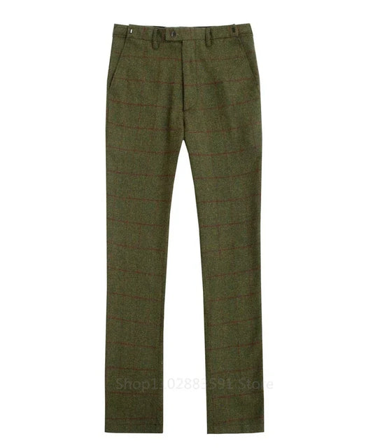 3 Piece Army Green Woolen Plaid Slim Fit Men's Suit – Wedding, Business & Party Tuxedo Set