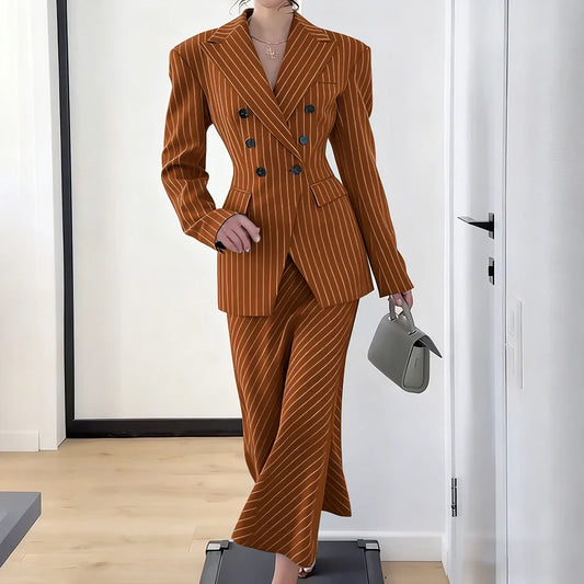 Elegant Women's Pinstripe Double Breasted Blazer Suit Office Workwear Tailored Jacket with Flared Trousers Fashion Business Set