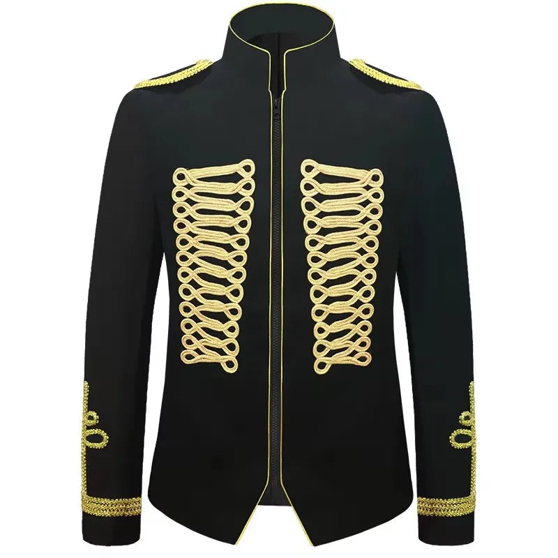 Men's European Style Stand Collar Zipper Blazer Golden Rope Detail Cosplay Middle Ages Tuxedo for Stage Performances And Parties