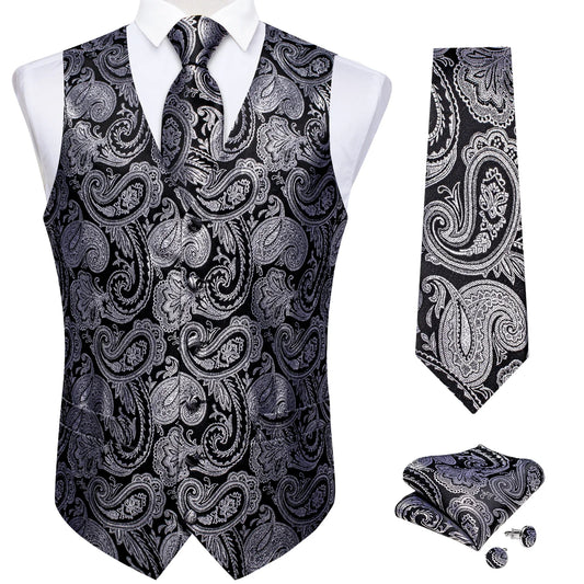 Men's V-Neck Waistcoat 4-Piece Set – Vest, Tie, Pocket Square & Cufflinks for Business Banquet