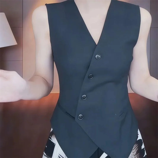 Korean Ladies Fashion Solid Color Cardigan Vest Coat Summer Women V-neck Suit Sleeveless Jacket Femme Casual Short Waistcoat Top