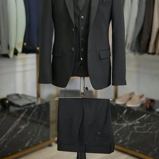 Men Suit Black 3 Pieces Single Button With Lapel For Wedding Party Birthday Banquet Business Work Office Jacket Vest Pants