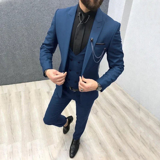 3 Piece Royal Blue Men Suits Peaked Lapel Custom Made Wedding Tuxedos Slim Fit Male Suits (Jacket+Pants+Vest)