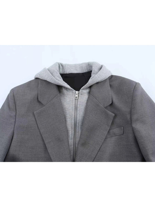 Women Grey Hoodie Patchwork Blazer Coat Fashion Vintage Streetwear Harajuku Loose Long Sleeve Suit Jacket Outerwear Top Clothes