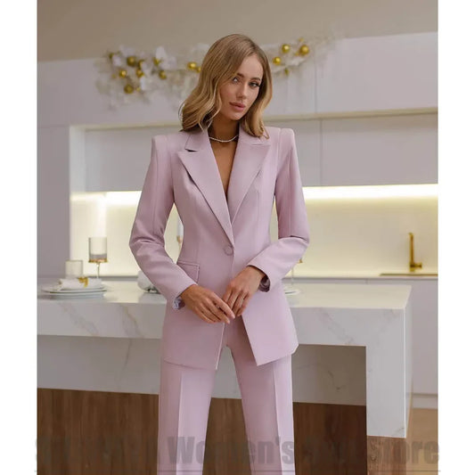 Women's Suit Single Button Blazer and Pants Set Long Sleeves Peak Lapel 2 Piece Slim Office Formal Party Elegant Lady Outfit