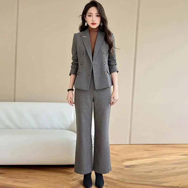 Elegant Lady Wide Leg Pant Sets for Women 2 Pieces Blazer Suit Double Breasted Jacket Trousers Outfit Female Autumn Winter
