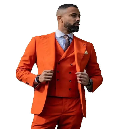 Ensemble costume-cravate 3 pièces slim fit pour homme, couleur orange foncé, avec revers en pointe, un bouton, blazer, pantalon et gilet, pour mariage, bureau ou bal de promo