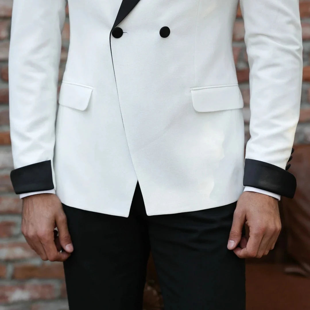 Men Suit 2 Pieces White Black Double Button With Lapel For Wedding Banquet Birthday Party Business Work Daily Jacket And Pants