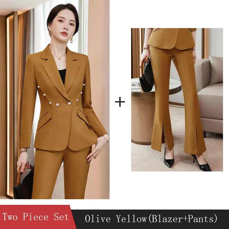 Office Lady Formal Blazer Pants Suits 2 Piece Matching Set Conjuntos Para Mujeres Plus Size Jacket Split Flare Pants Sets New