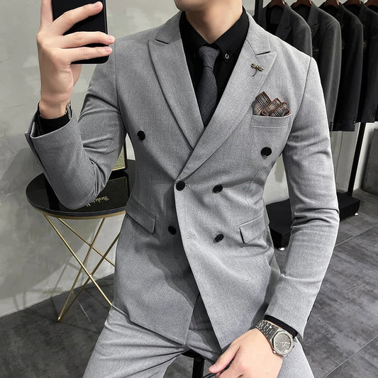 Men's 3 Piece Suit Set Double‑Breasted Slim Fit Solid Color Business Casual Wedding Party Jacket Vest Pants Male Formal Outfit
