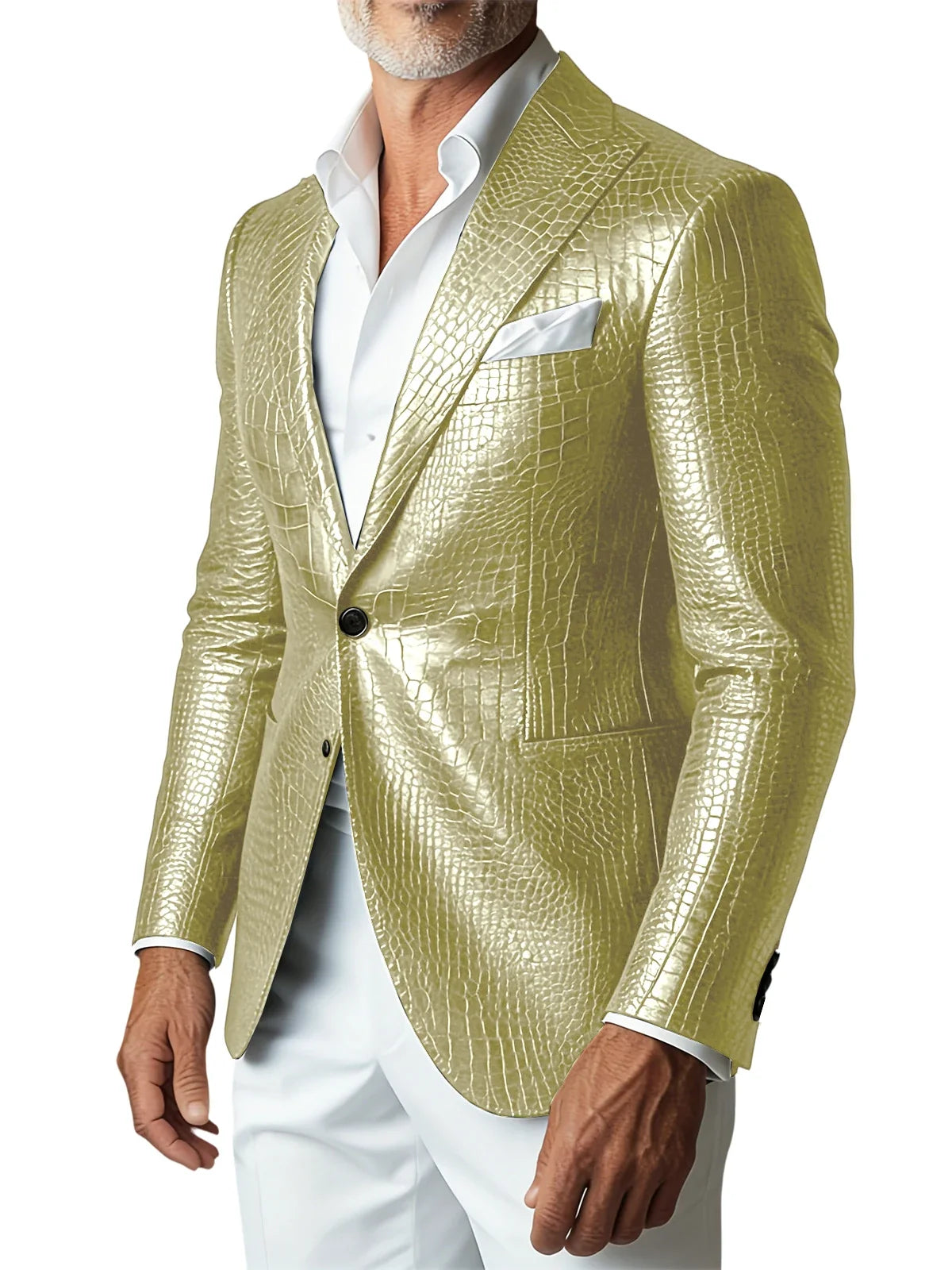 Men's Crocodile PU Leather Blazer Jacket Vintage Single Breasted Suit Coat Fashion Party Wedding Business Casual Outerwear