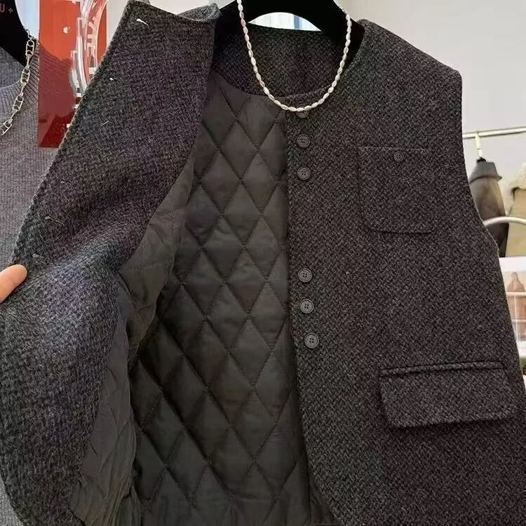 Women O- Neck Woolen Vest Coat European Female Cardigan Cotton Waistcoat Jacket Autumn Ladies Fashion Sleeveless Tops Outwear