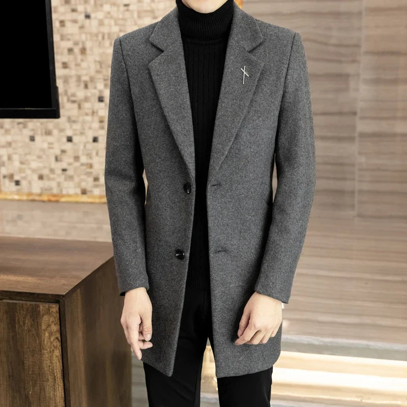 High-quality men's fashionable and stylish mid-length solid color woolen and cotton thick coat for autumn and winter