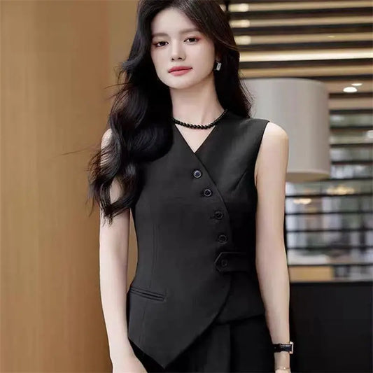 Office Female Suits Vest Coat Spring Summer V-Neck Diagonal Buckle Sleeveless Blazers Jacket Women Fashion Thin Slim Waistcoat