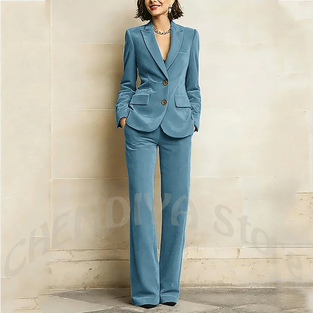 Purple Velvet Women Suit Two Pieces Classic Peaked Lapel Straight Outfit Single Breasted Tailored Elegant Lady Set Jacket Pants