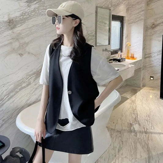 Feminine V-neck Blazer Waistcoat Tops Coat Korean Women Fashion Leisure Suit Vest Outerwear Spring Autumn Ladies Solid Color Sle