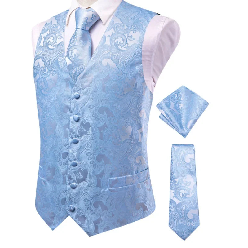Men's Double Breasted Paisley Jacquard Waistcoat Set with Necktie & Pocket Square for Weddings and Tuxedo