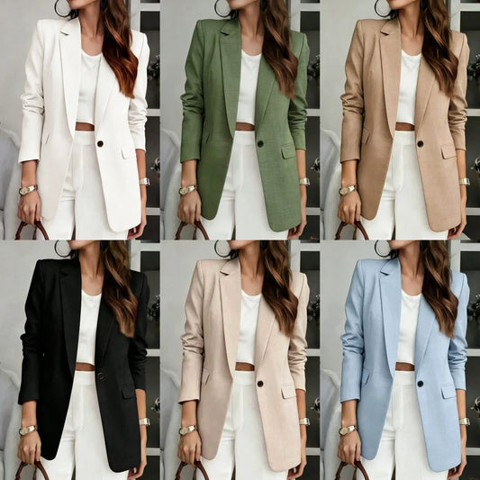 Women Notch Lapel Blazer Single Button Long Sleeve Jacket With Fake Pockets Elegant Office Business Formal Outerwear Coat