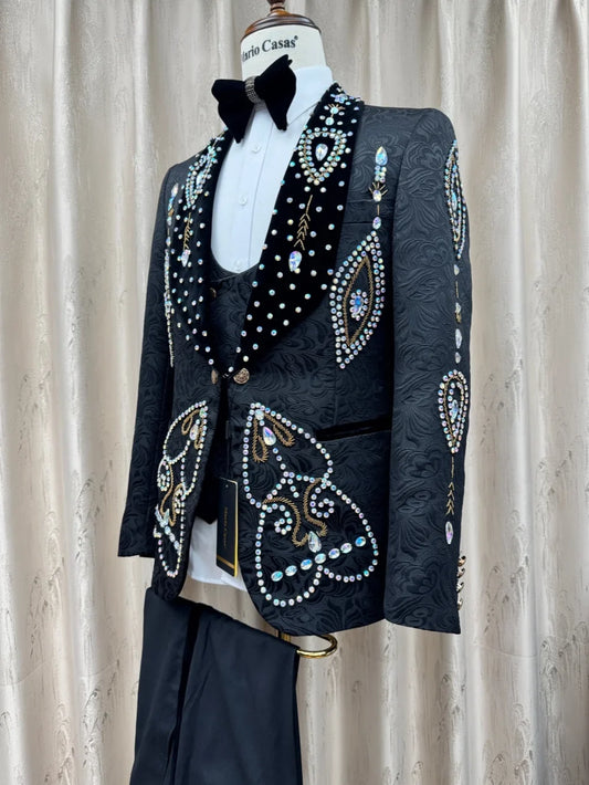 Luxurious Crystal Man Suit Set 3 Pieces Formal Party Wear Premium Velvet Collar Slim Fit Suits Wedding Groom Sets S-3XL Tuxedo