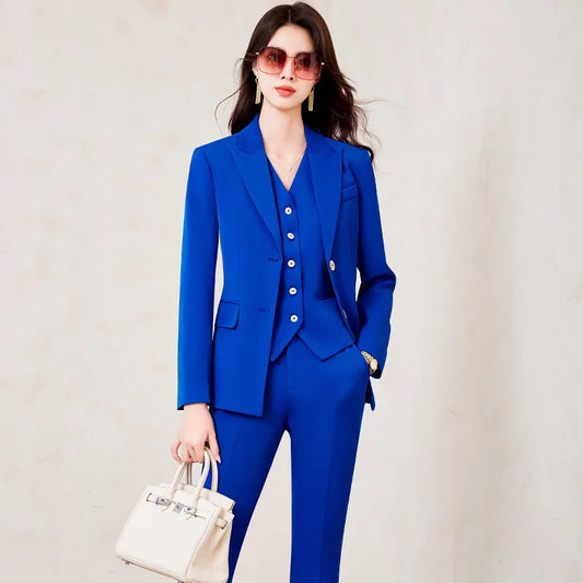 Fashion Royal Blue Women's 3 Piece Blazer Suit Set with Vest And High Waist Pants Long Sleeve Solid Office Wear Female Outfit