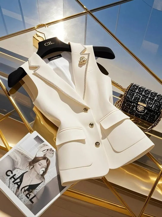 Bright Silk Edge White Blazers Vest Jackets Temperament Women Sleeveless Vests Coat Elegant British Retro Summer Single Breasted