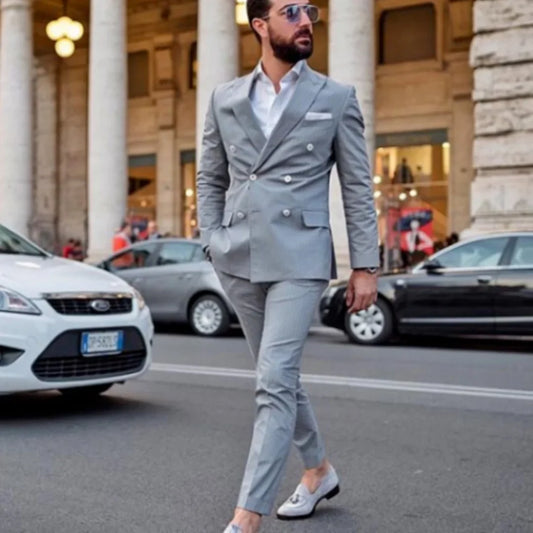 ClassicFashion Double-breasted Men's Light Gray Suit Groomsmen Wedding Party Slim Fit Dress Casual Custom Smoking Pants