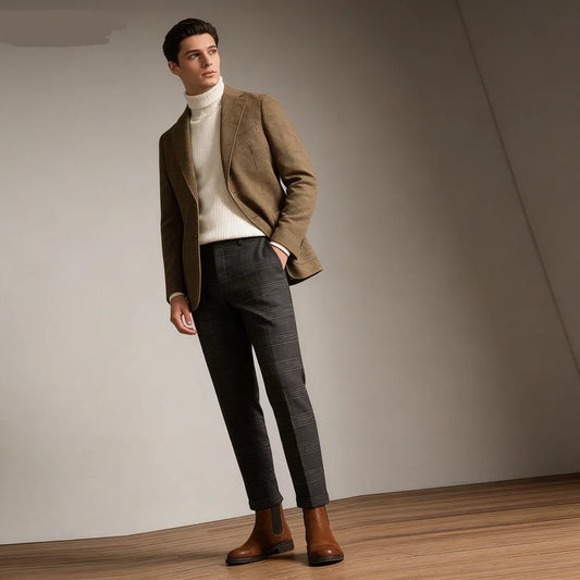 (Only Coat)Men's Suit Grey Blazer Prom Groom Tuxedos Herringbone Wool Tweed Single Breasted Formal Bussiness Jacket for Wedding