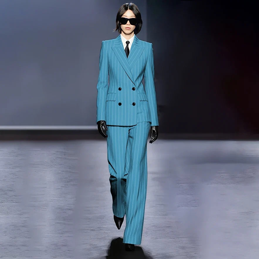 Dark Blue Stripes Women Suit Customized Double-breasted Peak Lapel Two Pieces(Jacket+Pants) Business Office Lady Competent Set