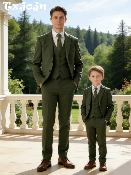 Green Formal Mens & Child Suits,3-pieces Jacket Vest Pants,Father Son Wedding Guest Outfit,Plus Size Coming of Age Communion