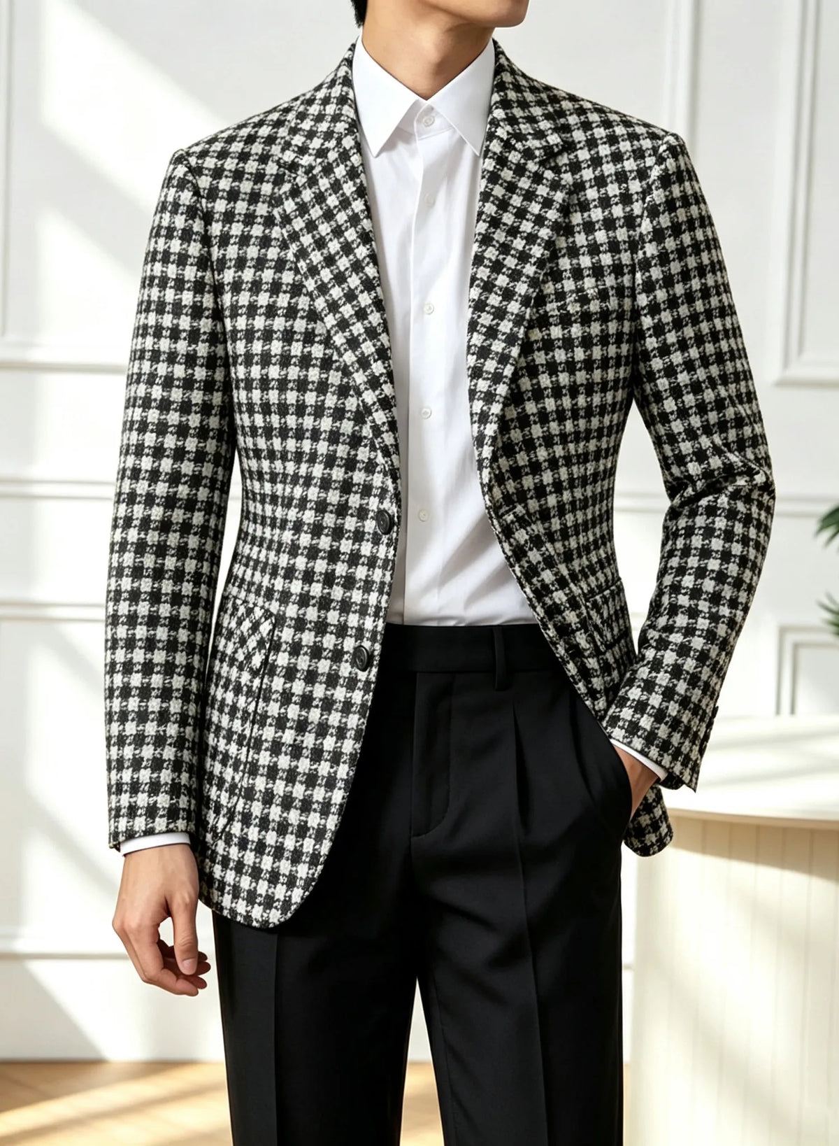 Vintage Black White Checkered Tweed Fabric Men Suit Jacket Luxury Slim Fit Business Men‘s Wedding Formal Tuxedos Suit Blazer
