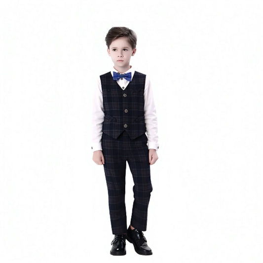 kids Gray Plaid Suit Set Flower Boys Wedding Outfit Children's 4Pieces Formal Wear With Jacket Vest Pants Bowtie