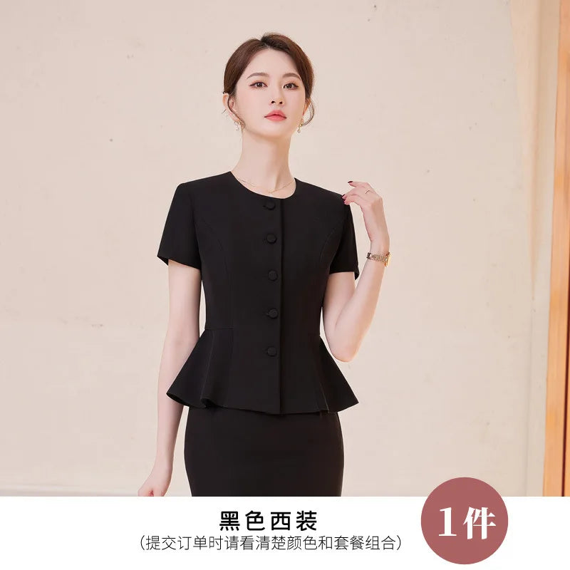 2025Summer Blue Short Sleeve Blazer Suit Professional Women's Skirt Set Short Skirt Elegant Fashion Formal Workwear