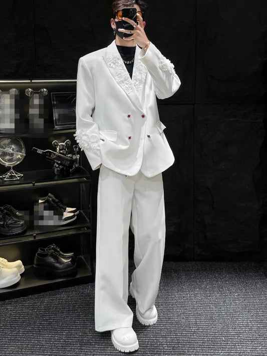 Mens Suits Sets Solid Color Flower Embroidery Double Breasted Blazers Straight Pants Loose Fit Business Casual Two Piece Set