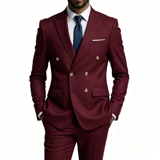 Men's Double-Breasted Slim-Fit Suit – Formal 2-Piece Set for Weddings, Performances & Business