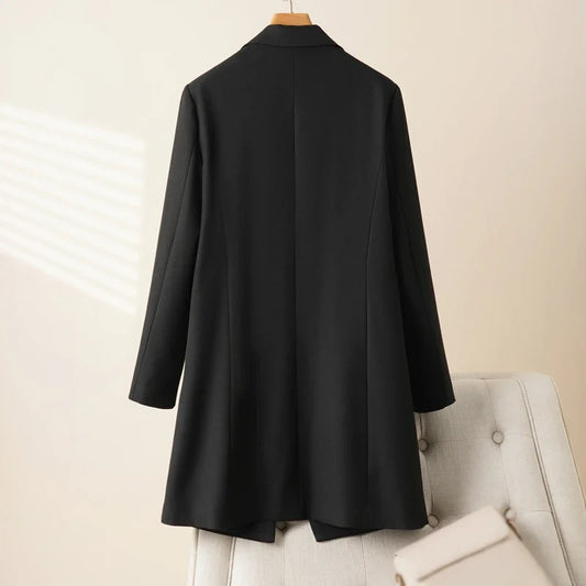 Elegant mid-length black womens blazer for autumn and winter simple one-button design with a slimming drape effect suitable for commuting