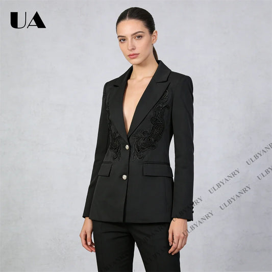 Black Embroidery Suit Jacket for Women Single-Breasted Slim Fit Formal Evening Prom Suit Blazer Actual Pictures