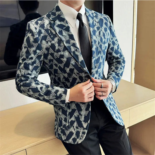 Jacquard Denim Korean Slim Fit Suit Coats 2025 New High Qualitys Fashion Men Slim Fit Business Formal Social Suit Jacket 4XL-M