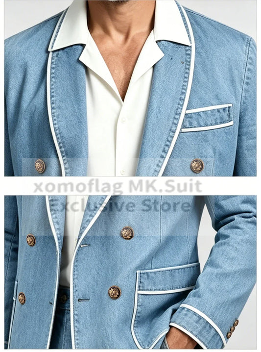 Men's 2-Piece Denim Suit – Double Breasted Satin Piping Blazer & Pants for Weddings & Formal Occasions
