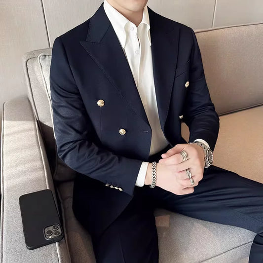 (Jackets+Pant) Latest Design Golden Button Double Breasted Men Suit Groom Wedding Stage Tuxedo Man Slim Fit Business Social Suit